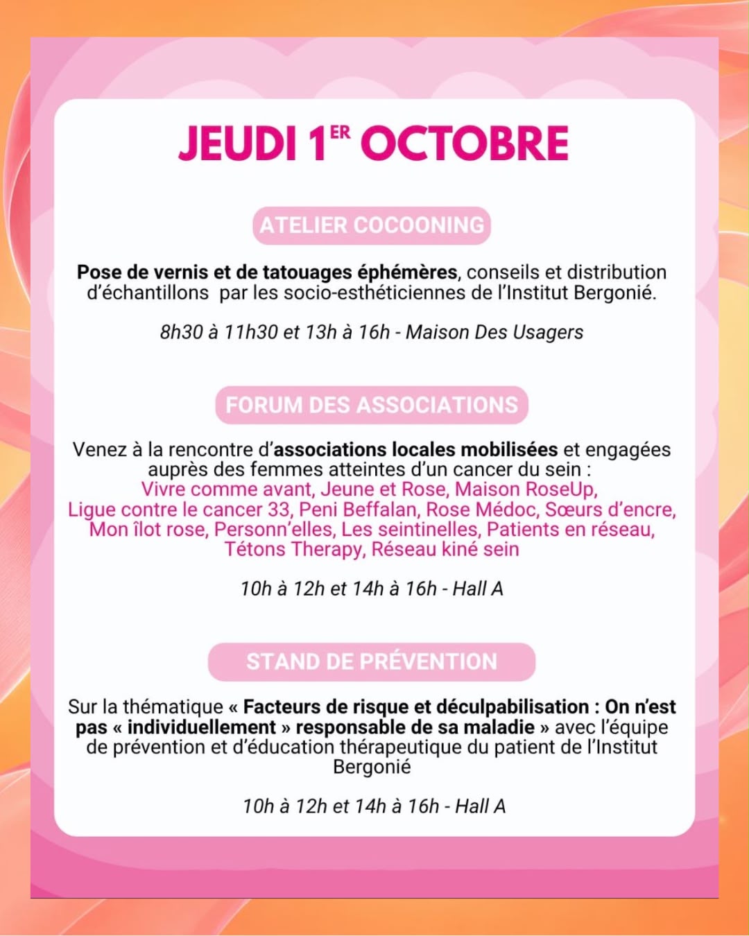 Programme du jeudi 1er octobre 2026 à l'Institut Bergonié